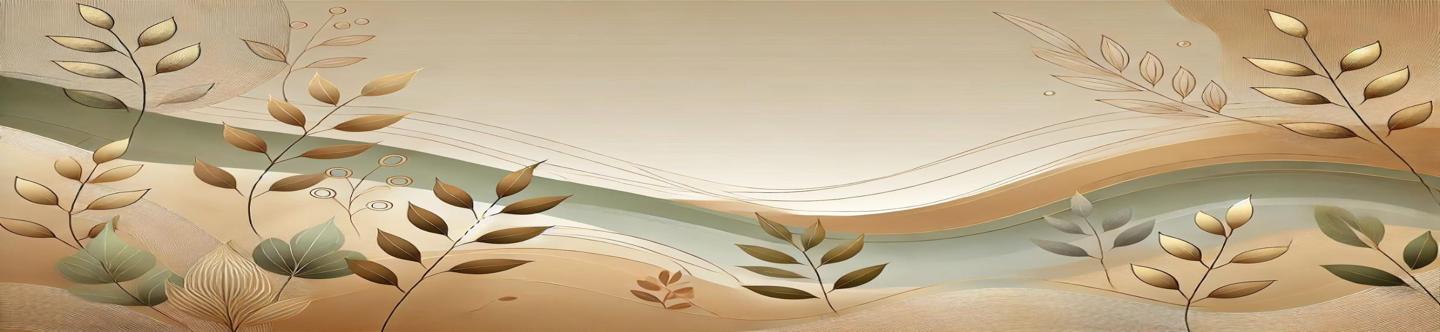 Artistic representation of golden and green leaves with flowing lines on a beige background, creating a harmonious natural scene.